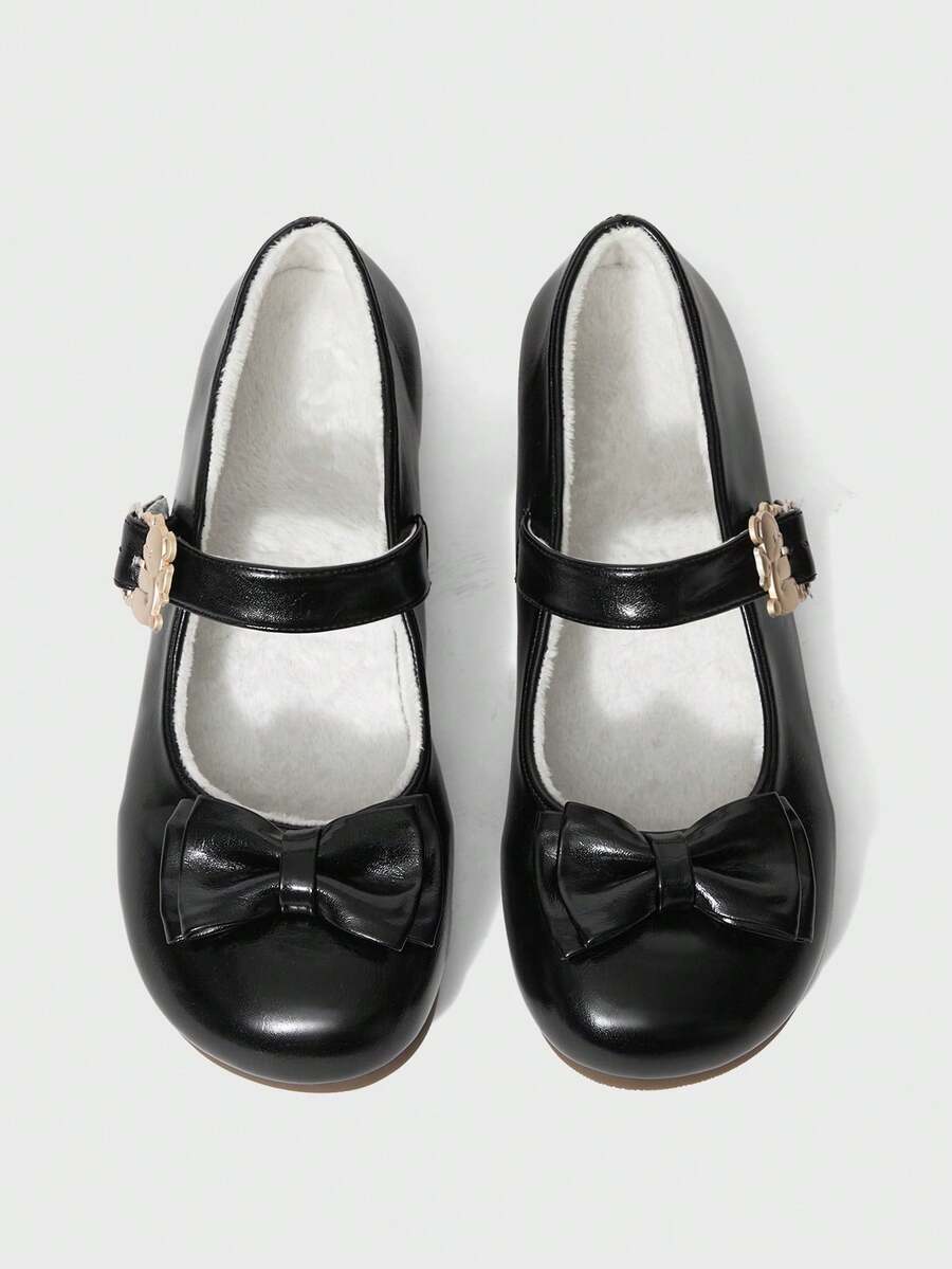 ROMWE Kawaii 棕色乐福鞋，闭趾玛丽珍真皮鞋，蝴蝶结洛丽塔芭蕾平底鞋，圣诞节女士款 - 黑色亮皮 - 查看 1