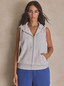MUSERA Zip Through Sleeveless Sweatshirt Hooded Top Summer, Sporty, Casual, Day, Streetstyle, Streetwear - Light Grey - View 1