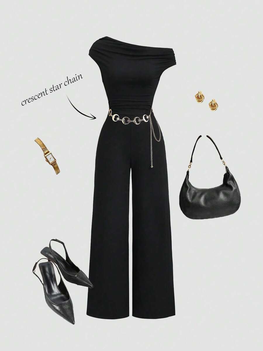 SHEIN Sweetro 女士优雅休闲不对称肩部无袖连体裤，配金属链条，飘逸款式，春夏款 - 黑色 - 查看 1