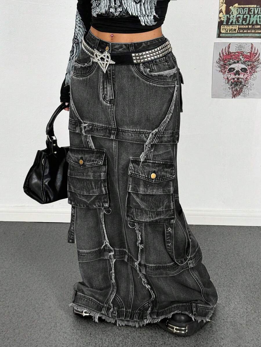 Jeanoix Plus Size Casual Tvättad Extra Lång Denimkjol - Grå - Visa 1