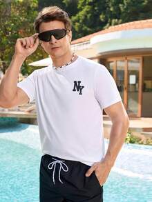 Manfinity Homme 男士字母印花圆领休闲夏季短袖T恤 - 白色 - 查看 4