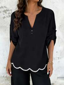 Weeklong Plus Size Women Contrast Color Ruffle Trim Casual 2 Pieces Set, Spring/Summer Black Blouses For Women