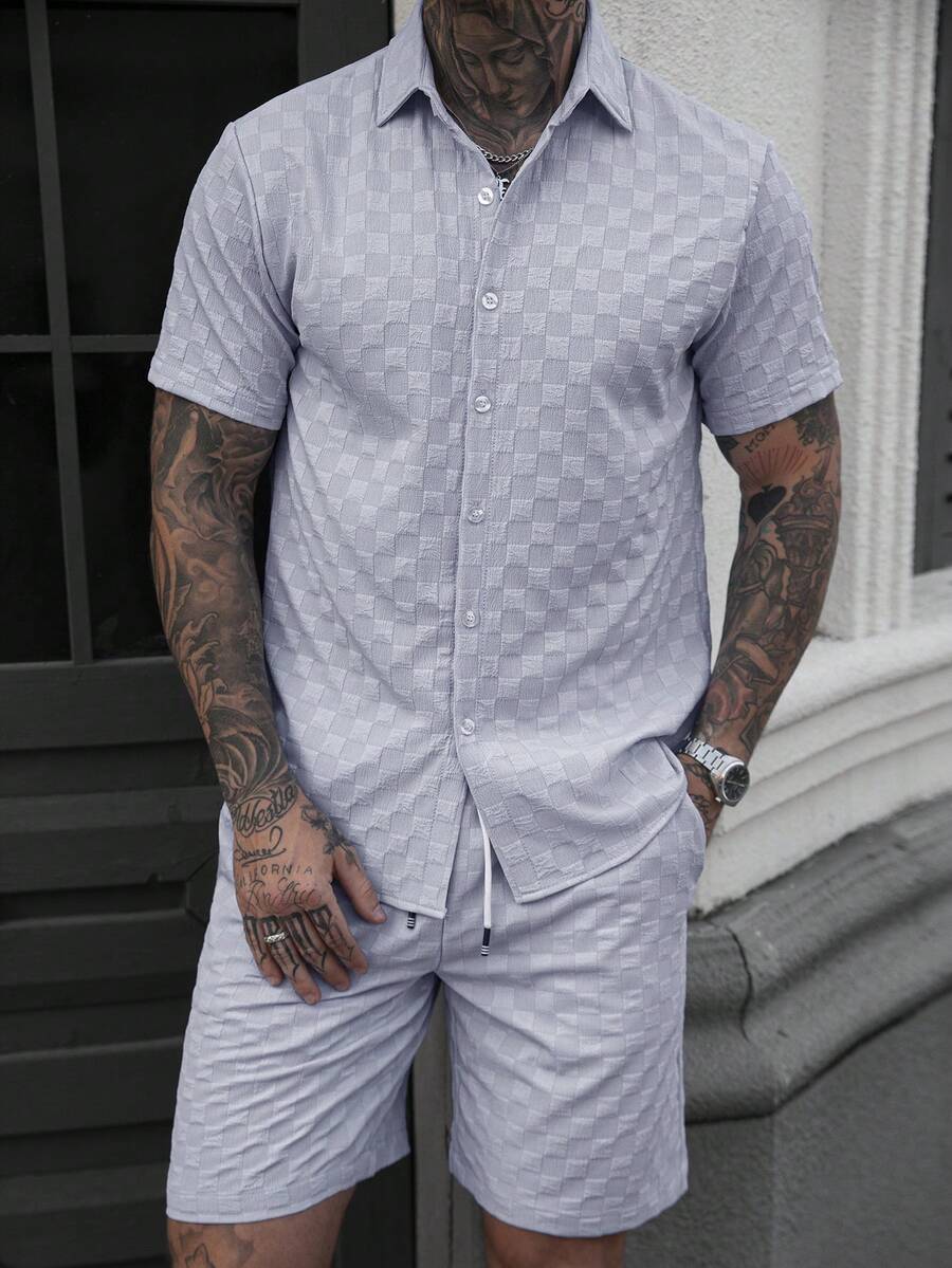 Manfinity Homme Men's Blue Gingham Summer Casual Vacation Holiday 2 Pieces Outfits,Button-Front Short Sleeve Shirt And Shorts Set,Grey Co Ord Set Summer Set For Men - Blue - View 1