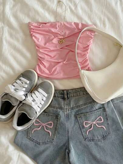 Glimmora TC0162 Simple Solid Color Pleated Tube Top, Summer Casual