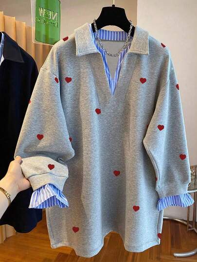 Resyla Women's Casual Heart Print Patchwork Striped Pullover Sweatshirt, Fashion Daily Commute, Spring/Autumn