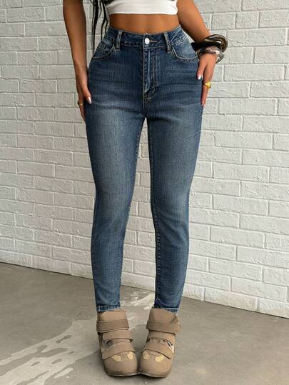 SHEIN PETITE Women's Casual Everyday Commute Slim Fit Skinny Jeans