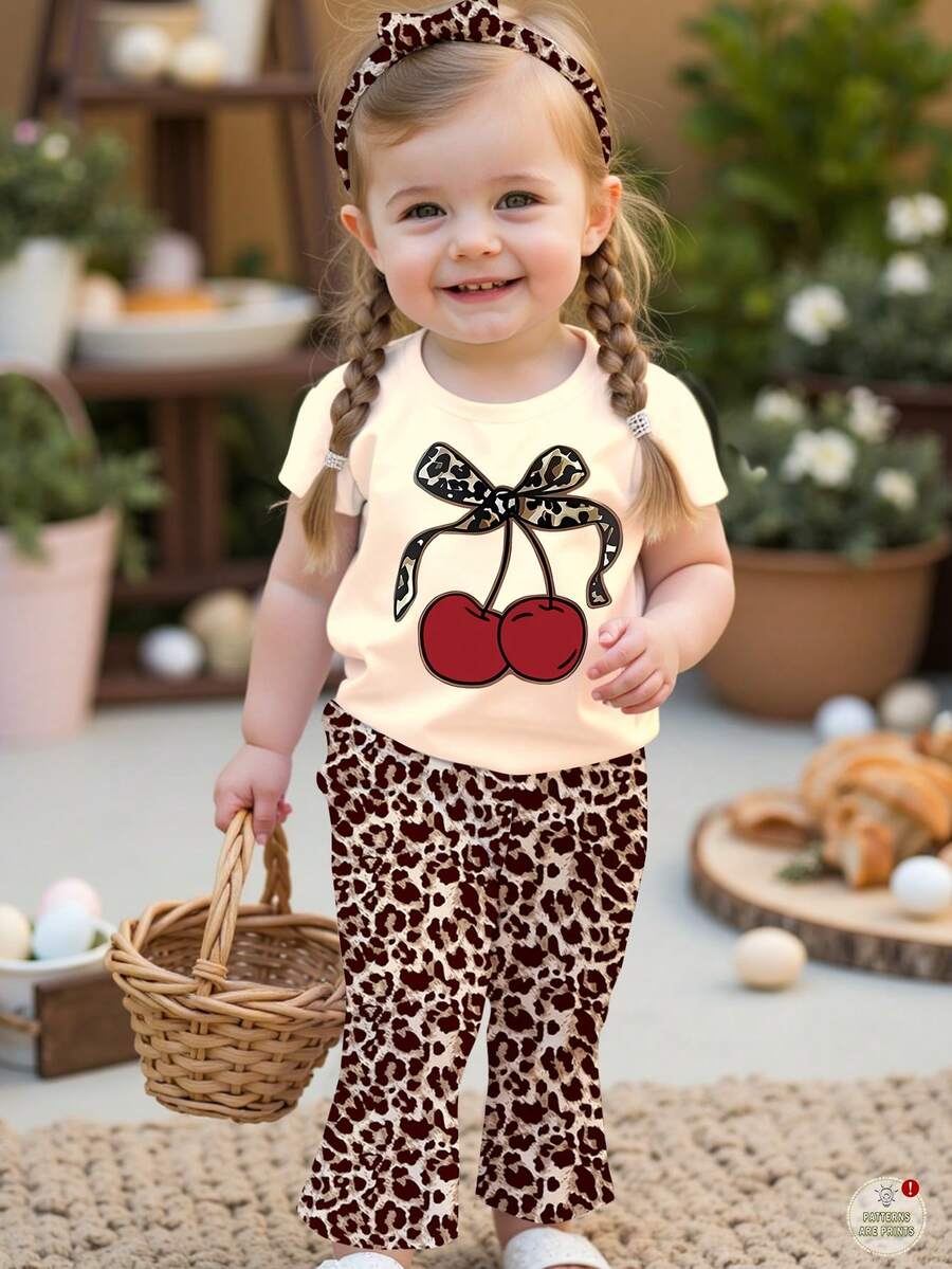 SHEIN 2pcs/Set Baby Girl Casual Fashionable Cute Leopard Print Cherry Pattern Short Sleeve T-Shirt And Leopard Print Flare Pants Set, Suitable For Spring/Summer, Vacation And Daily Wear - Multicolor - View 1