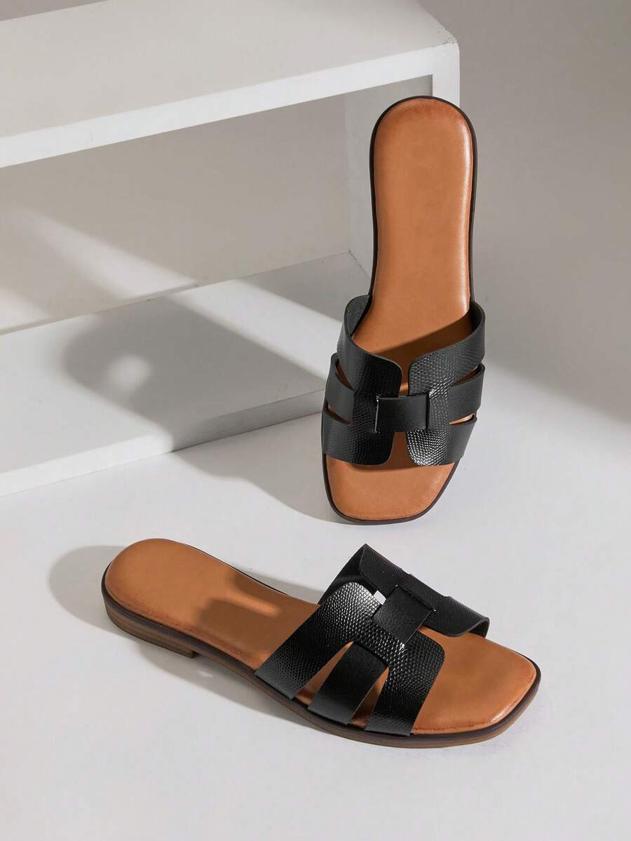 SHUZIA 女士简约休闲舒适交叉平底凉鞋 - 黑色 - 查看 1