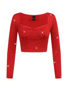 Y2Kool BiGraphic Red Rhinestone Embellished Y2K Streetwear Cropped Long Sleeve Top, Suitable For Autumn/Winter Parties, Gatherings And Daily Wear Glittery Crop Top Bling Crop Top Red Rave Crop Top Black Sparkly Crop Top Stylish Clothing Collection New Year Outfits Rhinestone Top Rave Top Glittery Top Sparkly Top Bling Top Gyaru Graphic Tops - Red - View 2