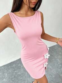 SHEIN Raffinéa 3D立体花卉装饰开衩法式无袖迷你连衣裙 - 粉色 - 查看 5