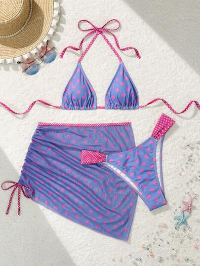 Swim Mod 2026 New Spring/Summer 3pcs/Set Women Random Print Triangle Bikini Bottoms, Mesh Skirt, Beach Resort Casual Cute Swimwear Set