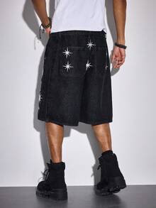 ROMWE MEN Street Life Men's Star & Moon Embroidery Pocket Loose Casual Denim Shorts - Black - View 3
