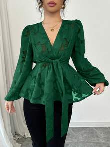 Elenzga Women's Red Chiffon Cut-Out Rose Pattern Long Sleeve Blouse Peplum Top - Dark Green - View 3