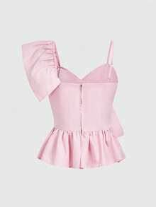 ROMWE Kawaii Women's Fashionable Y2K Asymmetrical Collar Ruffle Trim Blouse - Baby Pink - View 2