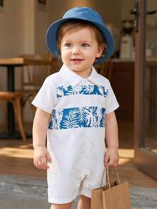2pcs/Set Baby Boy Summer Countryside Style Leaf Print Polo Shirt And Shorts With Hat, Summer Vacation Set, Leisure Vacation Style