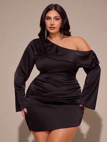 SHEIN BAE Plus Size Black Autumn Elegant Formal Evening Night Out Club Dress,Asymmetric Neckline Ruched Long Sleeve Open Back Dresses For Women Wedding Guest - Black - View 5