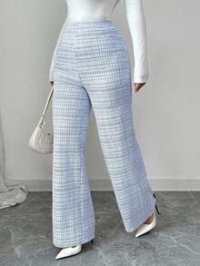 Elenzga 针织弹力格子休闲女裤，高腰修身直筒裤，秋季新品 - 藍白色 - 查看 5