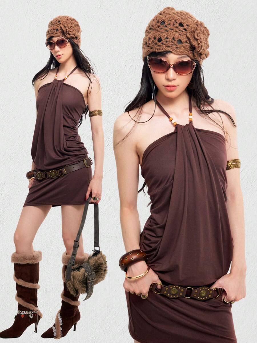 Bloopia Đầm mini ôm sát kiểu vintage dành cho nữ, buộc dây cổ yếm, thắt eo, có chi tiết bèo nhún. - Cà phê - Xem 1
