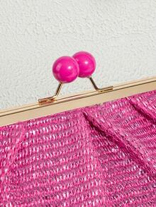SHECARRY 女士手拿包，草编包，草编手提包，亮粉色，时尚，优雅，简约，个性化，百搭，经典，适合海滩、度假、假日、夏季、海边、沙滩派对 - 玫紅金屬 - 查看 4