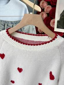 Chiquease 女士休闲撞色爱心图案针织毛衣，宽松圆领长袖套头衫，适合日常穿着，秋季款 - 彩色 - 查看 3