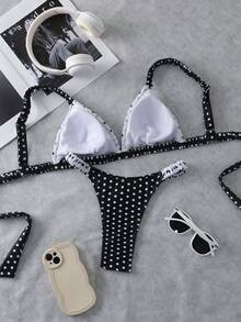 Swim Mod Bikini à pois contrastés, maillot de bain tankini sexy à bretelles fines pour femmes, ensemble de maillot de bain amincissant pour la plage/le spa