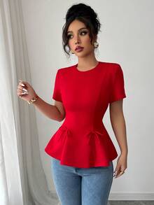 Elenzga Tall Áo kiểu nữ dáng chữ A màu trơn, cổ tròn, thắt eo, tay ngắn, có nơ trang trí, khóa kéo sau lưng, thích hợp cho đi làm, đi nghỉ mát, mùa xuân/hè. - Đỏ - Xem 3