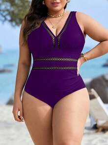 Swim Lushoire Plus Size Women One-Piece Solid Color Hollow Front Waist Ruched Vacation One Piece Swimsuit - Purple - View 1