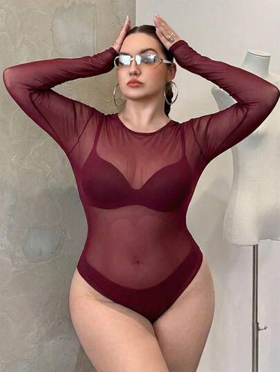 GalTyme Plus Size Women Mesh See-Through Long Sleeve Bodysuit,Going Out Tops Women,Rave Outfits Festival,Spring Summer Clothes