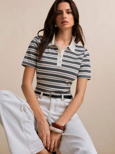 Poéselle Women's Striped Polo Collar Short Sleeve Casual Versatile T-Shirt,Casual Summer Top,Elegant Women's Blouses,Casual Blouses For Women,Going Out Top,Suitable For Daily, Office, And School Wear,Spring/Summer