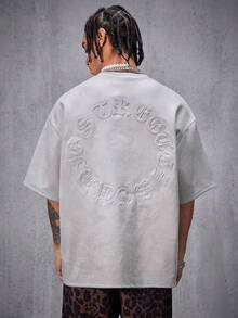 AXEPEAK Men's Casual Air Layer Suede Embossed Loose Dropped Shoulder Crew Neck Short Sleeve T-Shirt, Summer, Streetwear Casual - Light Grey - View 3