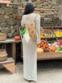 Sunnyshic Women's Sexy Hollow Floral Pattern Long Sleeve Cardigan And Hollow Maxi Skirt Knit Sweater 2-Piece Set, Spring/Summer - Yellow - View 2