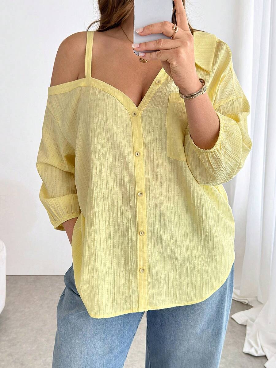 SHEIN Essnce 大码女装春夏时尚休闲宽松舒适日常百搭显瘦黄色纽扣衬衫,春季简约风,欧洲夏季黄色衬衫,春夏圣帕特里克节女式优雅复活节衬衫 - 淡黃色 - 查看 1