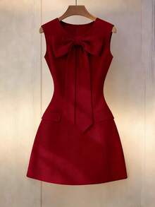 SHEIN Franclia 纯色圆领修身前蝴蝶结无袖女式连衣裙