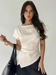 Firerie Women's Casual Elegant Satin Blouse/Office Blouse/Formal Blouse/Lustrous Satin Blouse - Apricot - View 4