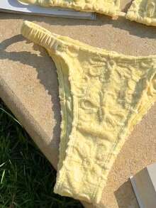Swim Mod 2pcs Women's Yellow Summer Casual Beach Holiday Vacation Holiday Bikini Set,Textured Halter Backless Triangle Top & Ruched Shorts Outfit,Resort - Yellow - View 6