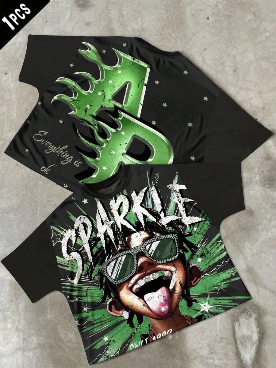 SHEIN Áo thun ngắn tay cổ tròn tối giản phong cách thường ngày cho bé trai tuổi teen, thích hợp cho mùa hè, phối màu xanh dương và đen, phối cùng kính râm, phong cách hip hop, streetwear, street style, rock. - Nhiều màu - Xem 1