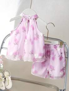 Souflis Souflis Cute Baby Girls Halter Neck Purple Chiffon Sleeveless Co-Ord With Floral Plant Print And Ruffle Detail Baby Girl Summer Clothes Baby Girl Casual - Purple - View 2