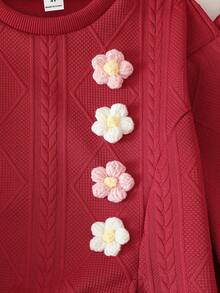 SHEIN Playful Pals Bộ 2 món dễ thương và ngọt ngào cho bé gái, áo và quần dệt kim jacquard màu hồng, trang trí hoa 3D, thích hợp mặc hàng ngày và đi chơi, dịp Lễ Tình nhân. - Đỏ - Xem 6