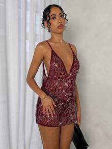 Glamine 性感亮片装饰迷你连衣裙，适合派对、夜店和外出游玩。 - 酒紅色 - 查看 4