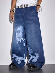 ROMWE MEN Men's Loose Fit Graphic Pocket Wide Leg Casual Jeans - Blue - View 7