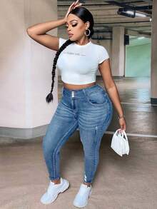 SHEIN SXY Quần jean skinny dáng rộng thoải mái dành cho nữ cỡ lớn - Rửa trung bình - Xem 3