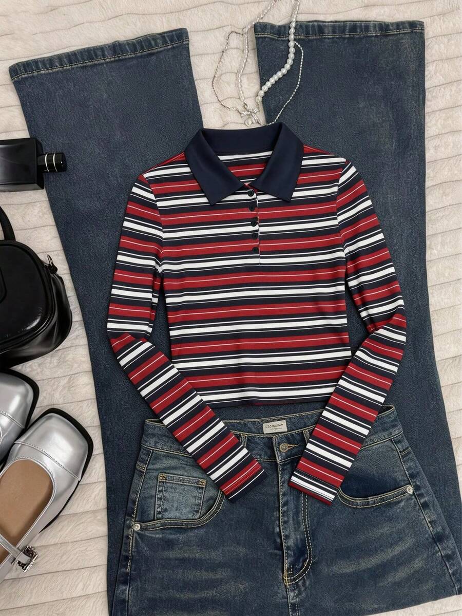 Rina Fox Women's Striped Polo Collar Long Sleeve Cropped Fitted Casual T-Shirt