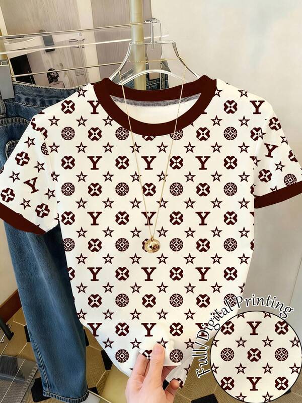 Resyla Plus Size Summer Casual All-Over Print Round Neck Short Sleeve T-Shirt