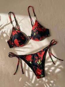 SHEIN Swim Spaghetti Strap Printed Bikini Set For Summer Swimming Wear - Black - View 1