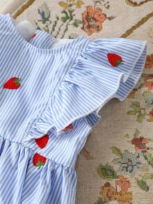Cozy Pixies Baby Girl Strawberry Print Round Neck Short Sleeve Waist Dress,Cute Light Blue And White Summer Toddler Girls Fruit Picnic Vacation Spring Dresses - Blue - View 4