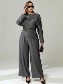 Auralis 2 piezas Conjunto elegante de talla grande para mujer, adecuado para maestras, casual de negocios, ropa de oficina, conjunto de comuter moderno, conciertos/actuaciones, citas, cenas formales, ir y venir, romántico, dama de oficina, estilo de sirena, primavera/otoño - Gris - Ver 7