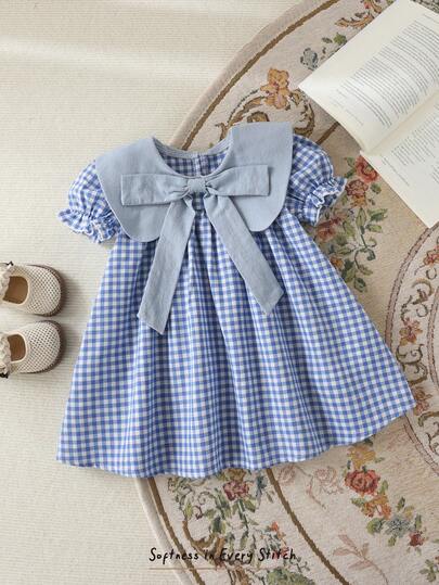 Cozy Pixies Vestido casual y cómodo de manga corta con cuello a cuadros de colores para niña bebé