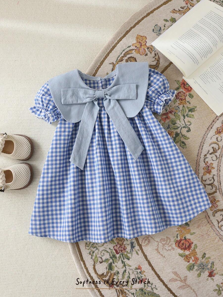 Cozy Pixies 女婴彩色格子领短袖休闲舒适连衣裙 - 藍色 - 查看 1