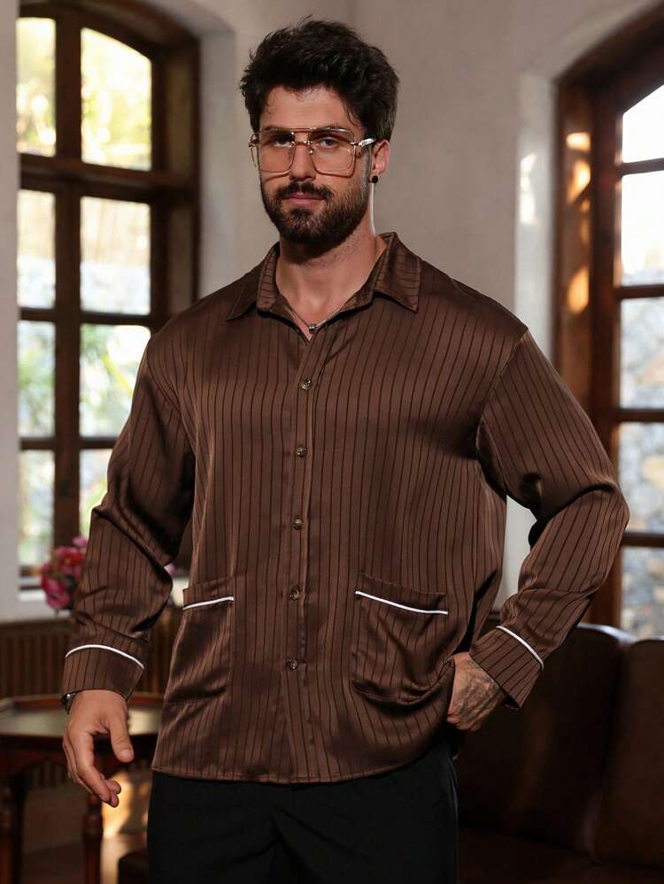 Men's Solid Color Satin Fabric Casual Long Sleeve Shirt, Vacation Style, Spring/Summer