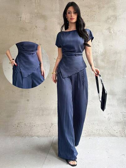 Firerie Women's Elegant Striped Asymmetric Hem Shirt And Wide Leg Pants Set, Commuter Suit, Fashion Business Outfit, Women's Spring/Summer Clothing, Back To School, Teacher Outfit, Casual Top, Business Attire, Striped Shirt, Teacher Shirt, Elegant, Commuter, Daily, Minimalist, Vintage Style Set, Work Attire